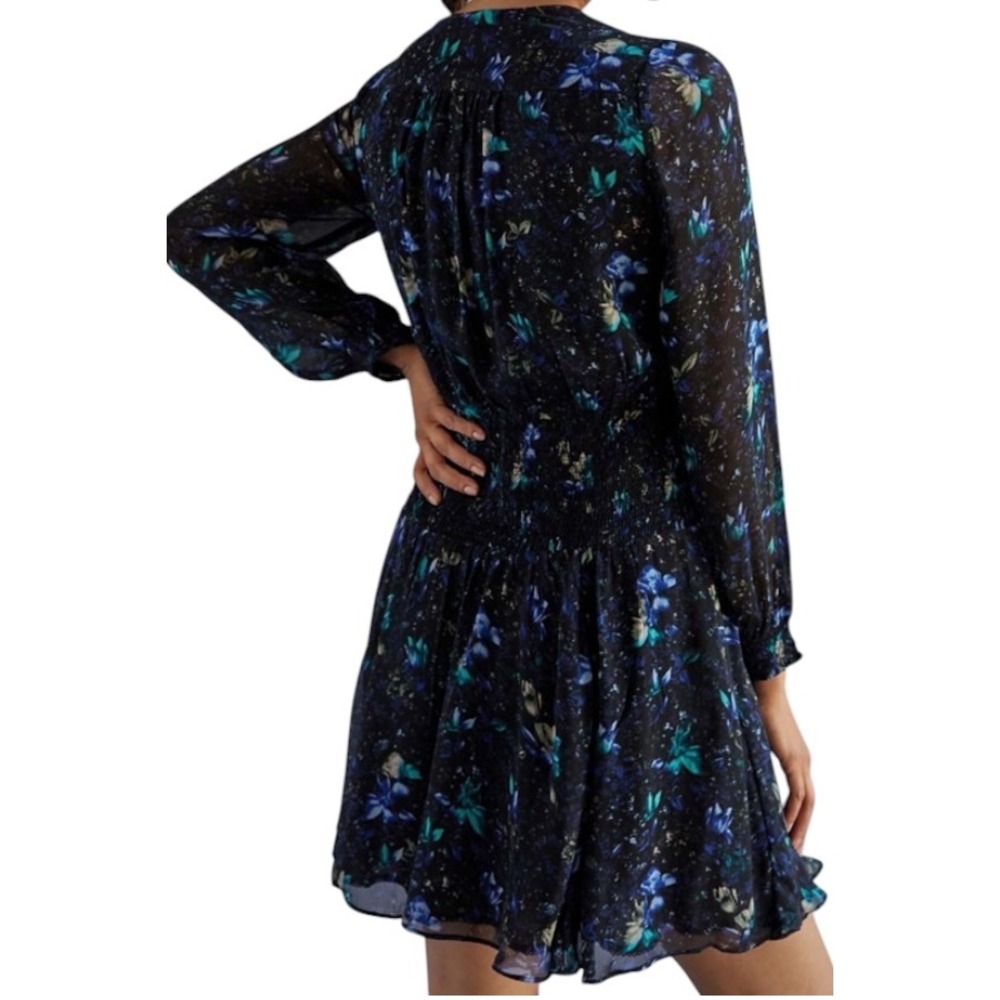 NWT Anthropologie Ruched Floral Mini Dress Black Blue Size XS Fairy Feminine - Picture 2 of 15